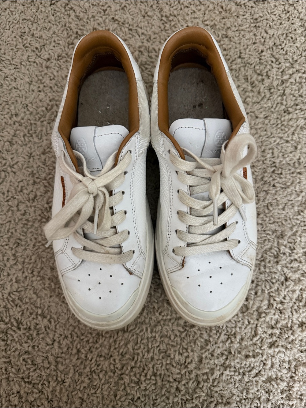 Tory Burch Ladybug Leather Sneakers in White with Tan Trim